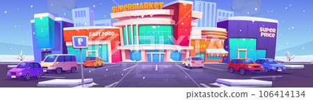 Parking with cars near supermarket in winter. Parking with cars near supermarket in winter. 106414134