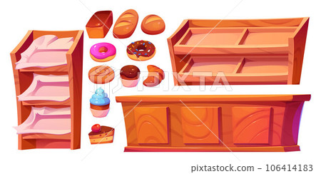 Bakery shop interior with cake, donut and bread 106414183