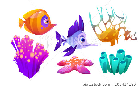 Underwater seaweed, coral reef and fish - Stock Illustration [106414189 ...
