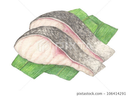 Cod fillet on a bamboo leaf watercolor pencil illustration 106414291