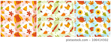 Set of Autumn Season Seamless Pattern Design with Fall Elements in Template Cartoon Flat Illustration 106414302