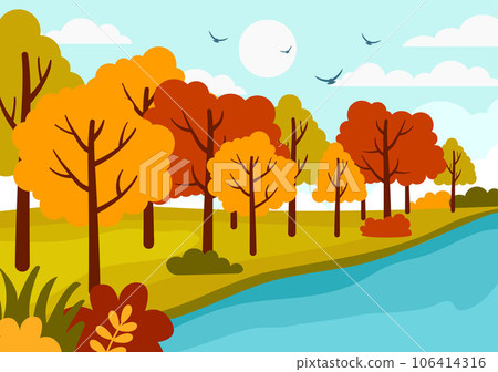 Autumn Landscape Background Vector Illustration with Mountains, Fields, Trees and Fall Leaves in Flat Cartoon Natural Season Panorama Templates 106414316