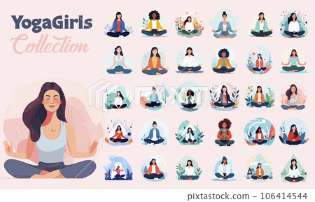 Set of young womans doing yoga. Vector illustration of sport girls. 106414544