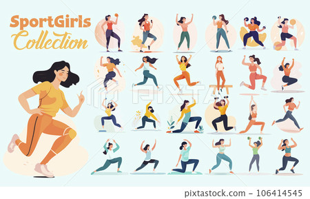 Set of young womans doing fitness. Vector illustration of sport girls. 106414545
