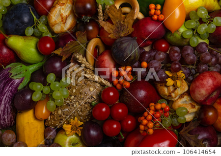 Background from fruits and vegetables, Harvest festival, Thanksgiving, top view Background from fruits and vegetables, Harvest festival, Thanksgiving, top view 106414654