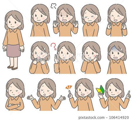 Young woman's facial expression set (diagonal orientation, casual clothes) 106414920