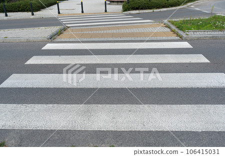Paved Pedestrian Crossing, Grey White Crosswalk, Safety Zebra on Modern Tiles Pathway 106415031
