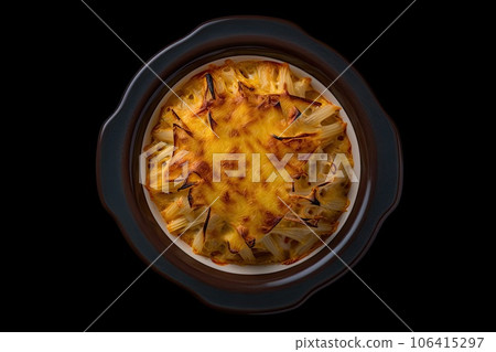 Baked Julienne with Mushrooms and Chicken, Casserole Mushrooms Gratin, Abstract Generative AI Illustration Baked Julienne with Mushrooms and Chicken, Casserole Mushrooms Gratin, Abstract Generative AI Illustration 106415297