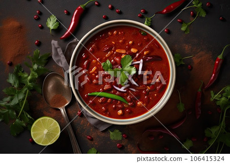 Chili Soup with Red Beans, Bean Minestrone, Vegetarian Chili Bean Stew Bowl, Abstract Generative AI Illustration 106415324
