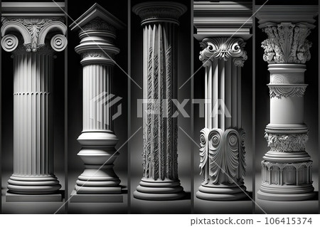 Stone Pillars Set, Old Roman Columns, Marble Greek Pillar, Rome Greece Architecture, Generative AI Illustration 106415374