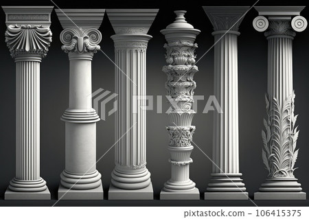 Stone Pillars Set, Old Roman Columns, Marble Greek Pillar, Rome Greece Architecture, Generative AI Illustration 106415375