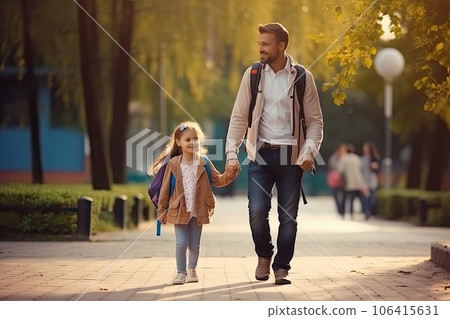 Father Takes Daughter to School, Beloved Daddy and Daughter, Happy Childhood, Generative AI Illustration 106415631