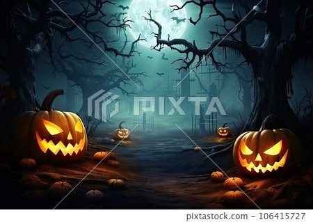 Halloween Pumpkin, Carved Jack Lantern, Scary Pumpkin on Table, Traditional Autumn Holiday 106415727