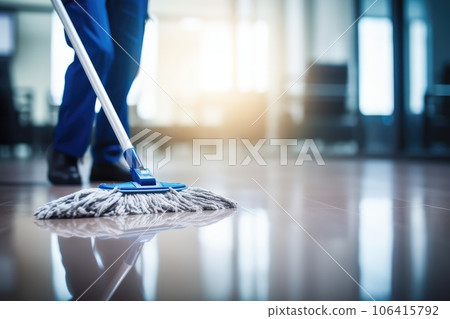 Janitor Mopping an Office Floor, Mop Close-Up, Cleaner Cleans the Floors, Generative AI Illustration 106415792