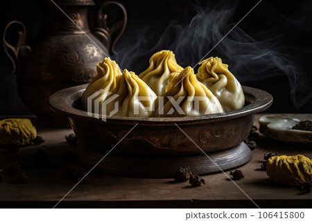 Georgian Khinkali, Minced Meat Dumplings also Called Dimsum, Momo, Jiaozi, Khinkali Abstract Generative AI Illustration 106415800