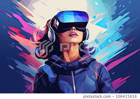 Virtual Reality Glasses, Young Person Using a Virtual Reality Headset, Generative AI Illustration 106415818