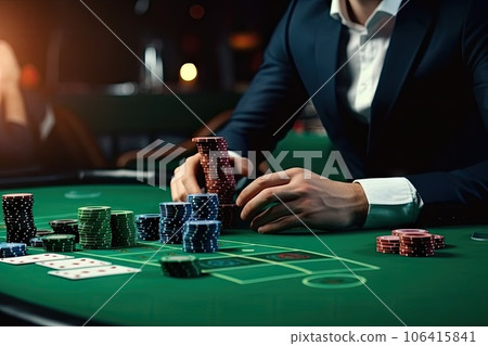 Casino Dealer, Gambling Table, Poker Concept, Croupier is Waiting for Player, Generative AI Illustration 106415841