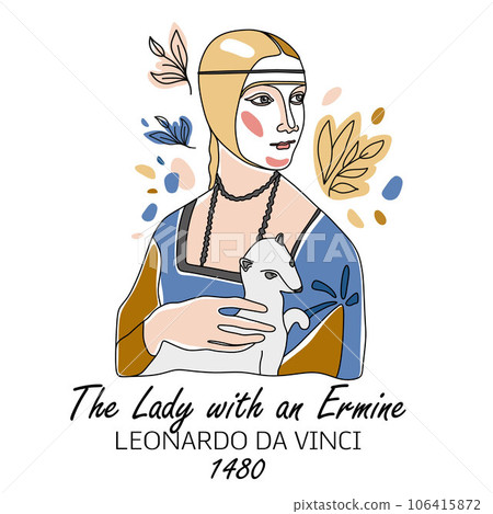 The Lady with an Ermine. Vector minimal line hand drawn illustration on white. Icon. 106415872