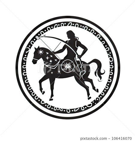 Sagittarius Icon, Horseman with Bow Zodiac Symbol, Ornate Sagittarius Silhouette, Horoscope Pictogram 106416070