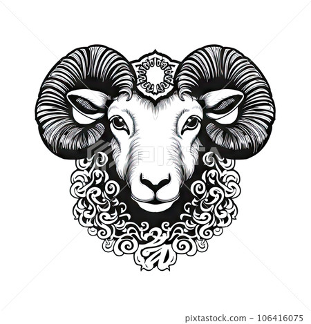 Ornate Sheep Icon, Sheep Portrait Isolated, Chinese Horoscope Minimal Ram Symbol on White Ornate Sheep Icon, Sheep Portrait Isolated, Chinese Horoscope Minimal Ram Symbol on White 106416075
