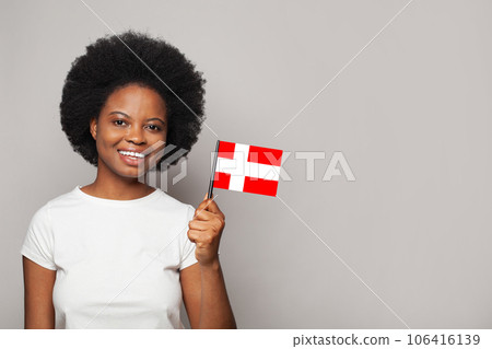 Danish woman holding flag of Denmark Education, business, citizenship and patriotism concept 106416139