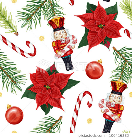 Christmas seamless pattern with poinsettia flower, fir branches, Christmas decorations. Christmas seamless pattern with poinsettia flower, fir branches, Christmas decorations. 106416283