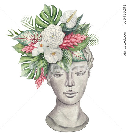 Vase in the form of a plaster head with tropical leaves and flowers, watercolor Vase in the form of a plaster head with tropical leaves and flowers, watercolor 106416291