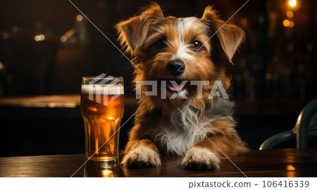 Dog enjoying a pub with beer 106416339