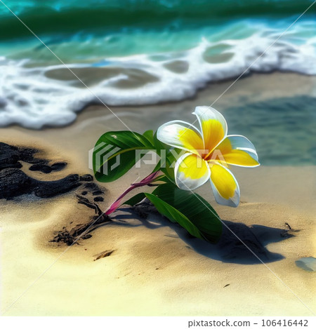 Paradise Beach, White Sand, Plumeria, Ocean Wave, Exotic Beach, Hibiscus, Abstract Generative AI Illustration 106416442