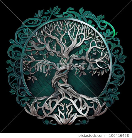 Metal Tree Logo, Walhalla Emblem, Silver Oak Tree Symbol, Abstract Generative AI Illustration 106416458