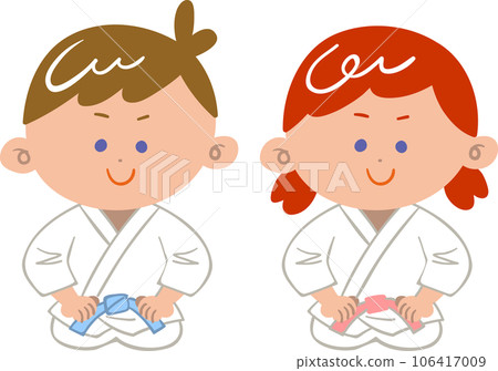 一個男孩和一個女孩穿著道服，坐得筆直 106417009