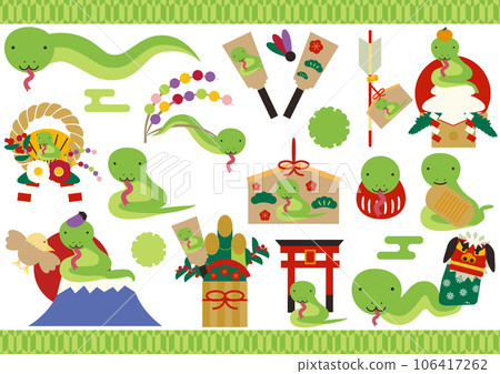 New Year's card material set with cute Year of the Snake illustrations New Year's card material set with cute Year of the Snake illustrations 106417262