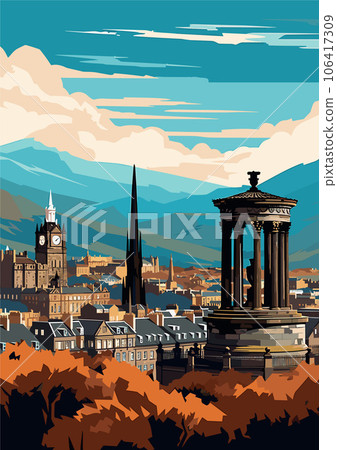Travel Destination in Edinburgh Scotland vintage print. holidays concept of illustration 106417309