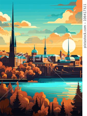 Travel Destination in Stockholm Sweden vintage print. holidays concept of illustration Travel Destination in Stockholm Sweden vintage print. holidays concept of illustration 106417321