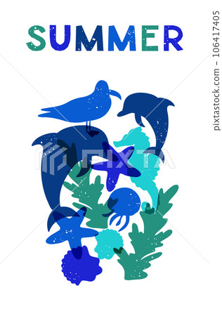 Abstract summer risoprint concept with sea animals 106417405