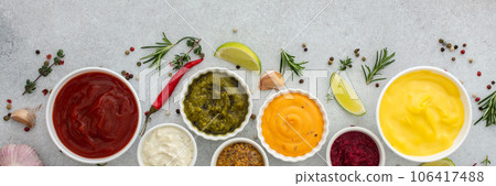 Different types of sauces in bowls Different types of sauces in bowls 106417488