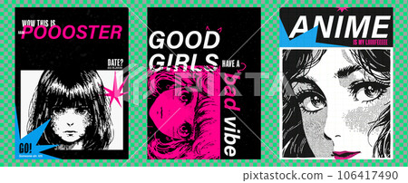 Poster design with a portrait of a girl in anime style. Pixel retro art. trendy bright pink color with doodles. Flyer set on transparent background Poster design with a portrait of a girl in anime style. Pixel retro art. trendy bright pink color with doodles. Flyer set on transparent background 106417490