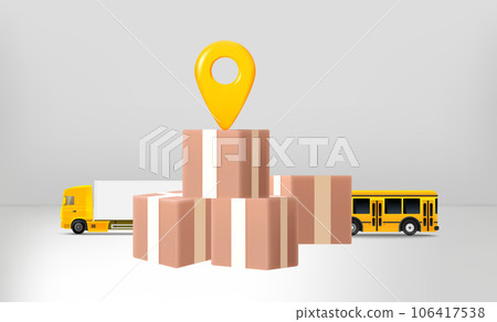 Postage boxes with map pin and transport. Fast shipping concept. 3d vector illustration 106417538