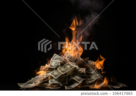 A fiery crisis in the economy as burning money ignites a pile of cash, representing financial risk and inflation AI Generative. 106417865