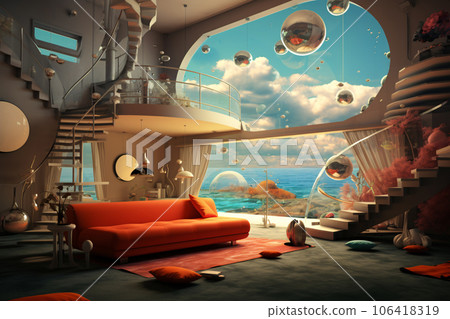 Spacious Modern Minimalist Living Room with Spiral Staircase 106418319