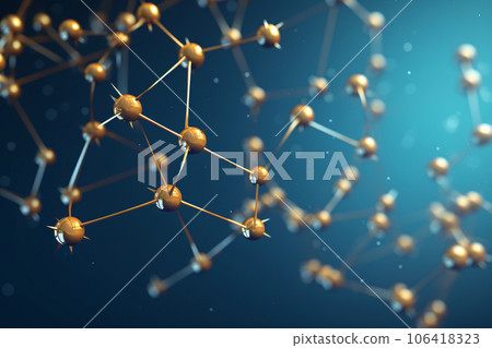 Molecular Chain of Golden Molecules on Blue Background 106418323