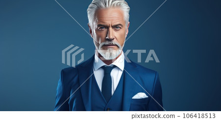 Portrait of a serious grey haired middle aged man in a blue suit. Portrait of a serious grey haired middle aged man in a blue suit. 106418513