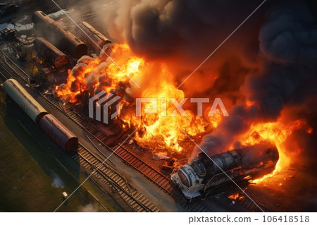 Aerical top view of a train derailed exploding with fire and smoke. 106418518