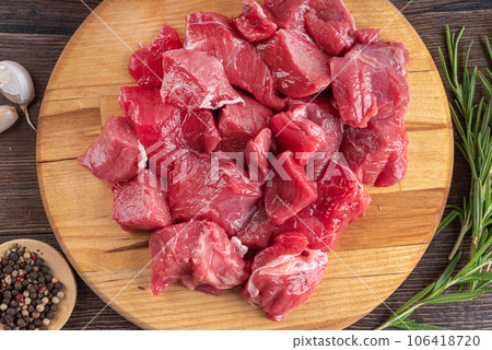 Top view of raw sliced beef or lamb meat. Top view of raw sliced beef or lamb meat. 106418720