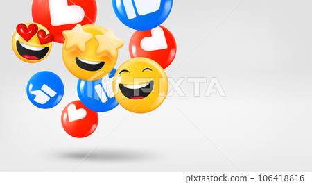 Thumb ups, hearts and smiling emojis falling down. 3d vector banner with copy space 106418816