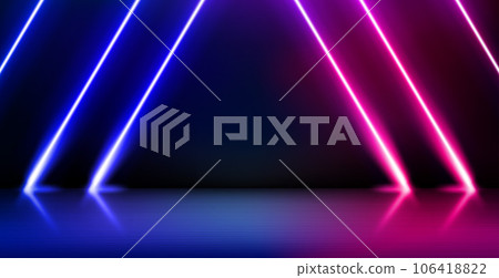 Empty product showcase and shining neon projectors. 3d vector illustration Empty product showcase and shining neon projectors. 3d vector illustration 106418822