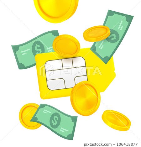 Mobile phone SIM card with money. 3d vector illustration isolated on white 106418877