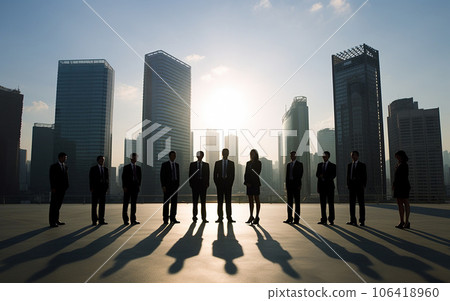 Silhouette of Japanese male and female businessmen and sunset 106418960