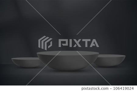 Black interior with light of a window and circle podiums 106419024