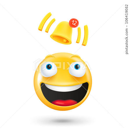 Yellow cute emoji face with notification bell. New messages concept. 3d vector illustration Yellow cute emoji face with notification bell. New messages concept. 3d vector illustration 106419082